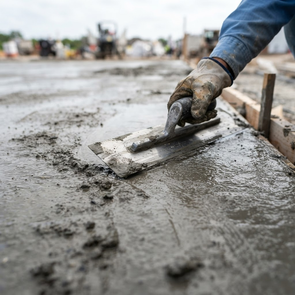 Close-up of a concreter's trowel finishing freshly poured concrete